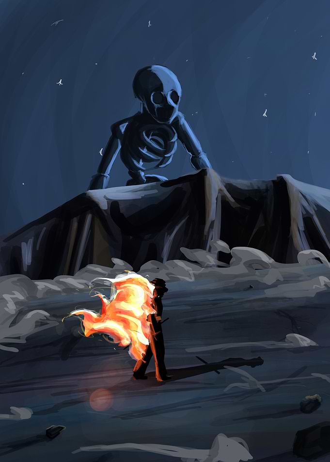 Fiery Figure Confronts Giant Skeleton