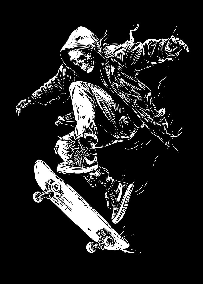 Skateboarding Grim Reaper Black and White