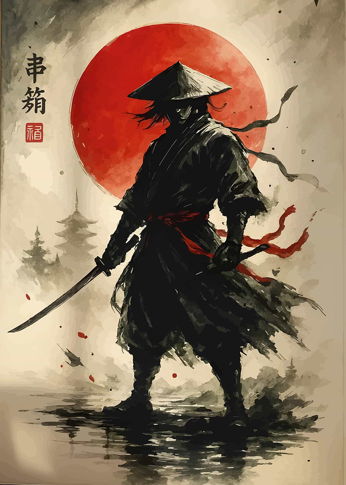 Samurai Warrior with Red Sun Backdrop