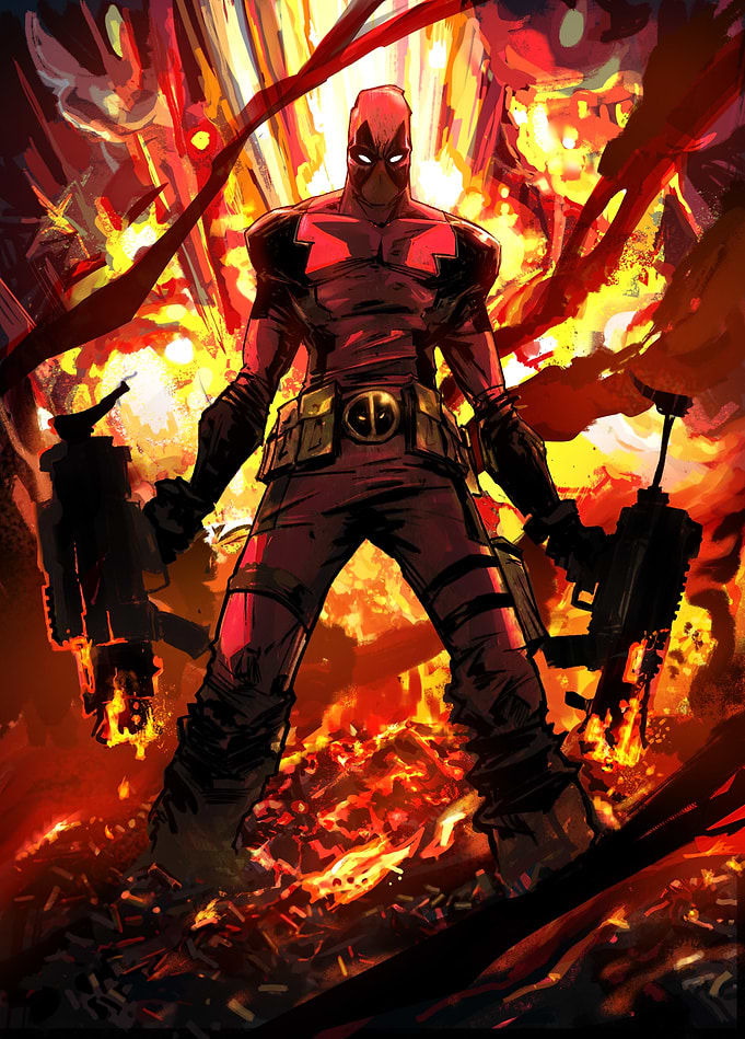 Deadpool Amidst Fiery Mayhem