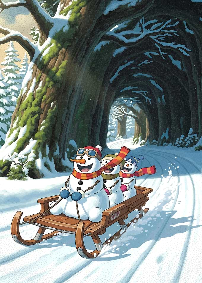 Snowmen Sledding Through Winter Forest