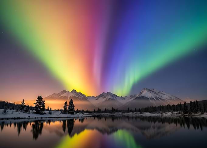 Rainbow Aurora Borealis Over Snowy Mountains Nature