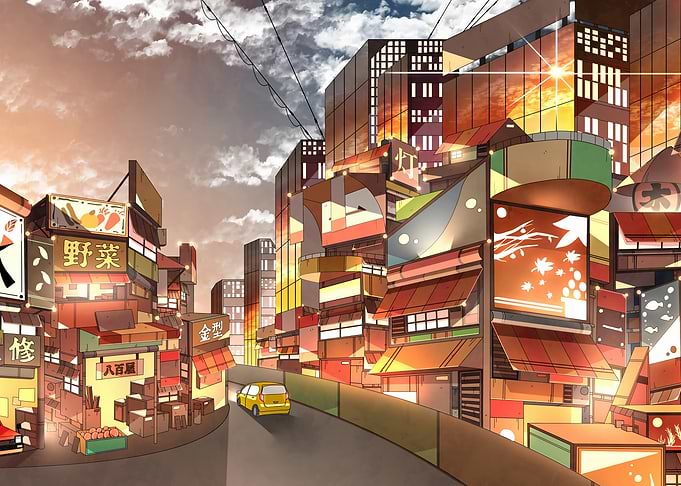 Anime Cityscape with Shops and Car