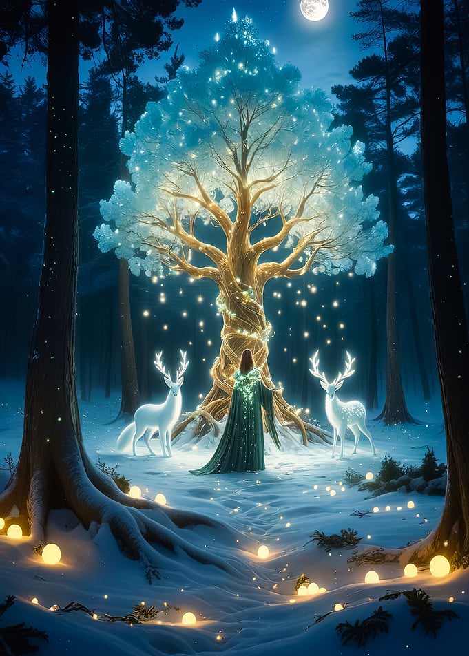 Enchanted Winter Forest with Glowing Tree