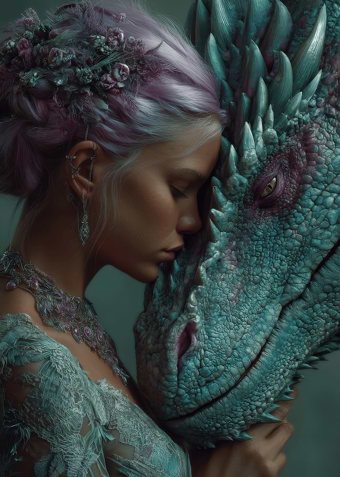 Woman and Dragon in Teal Hues