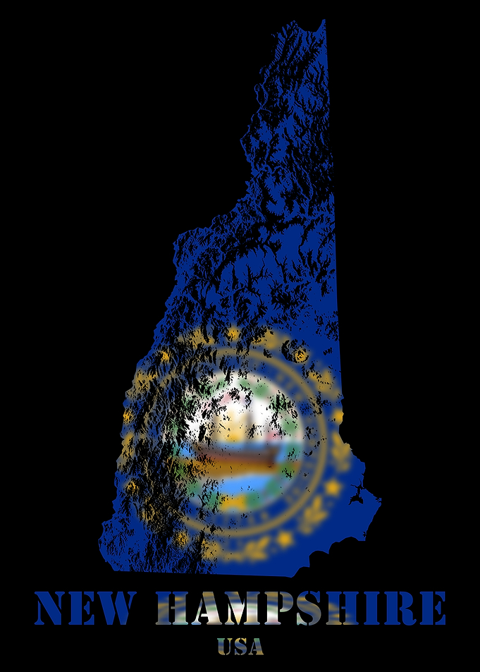 New Hampshire USA Topographic Contour Relief Map blending terrain features into its emblematic colorful flag