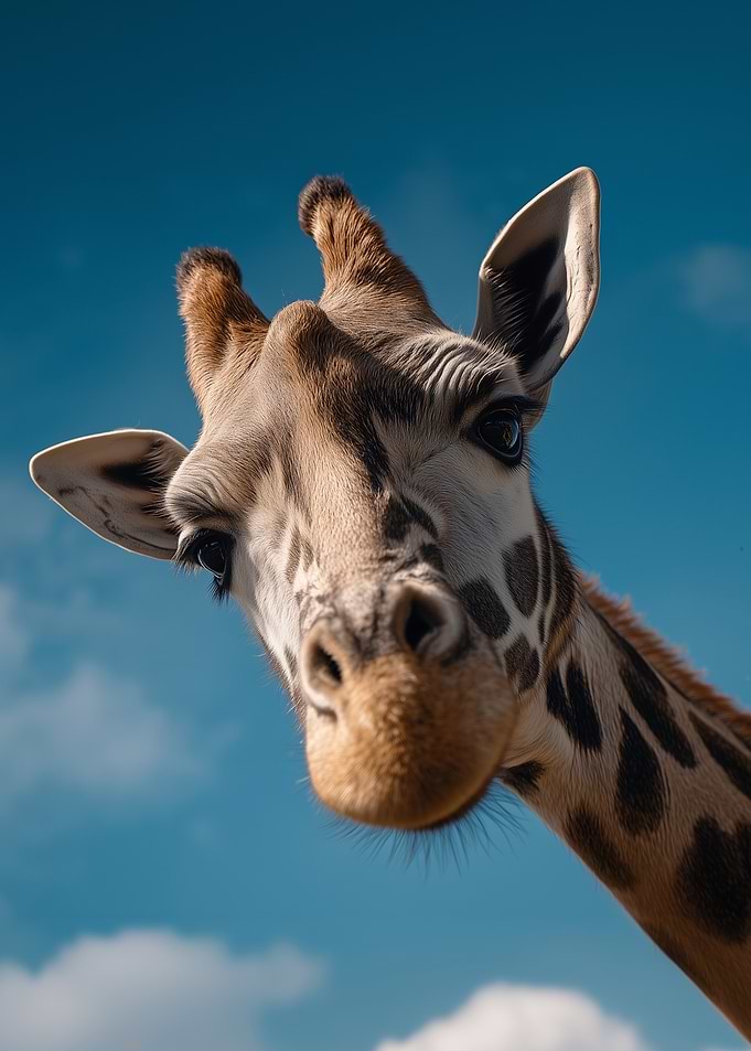 Giraffe portrait against a blue sky