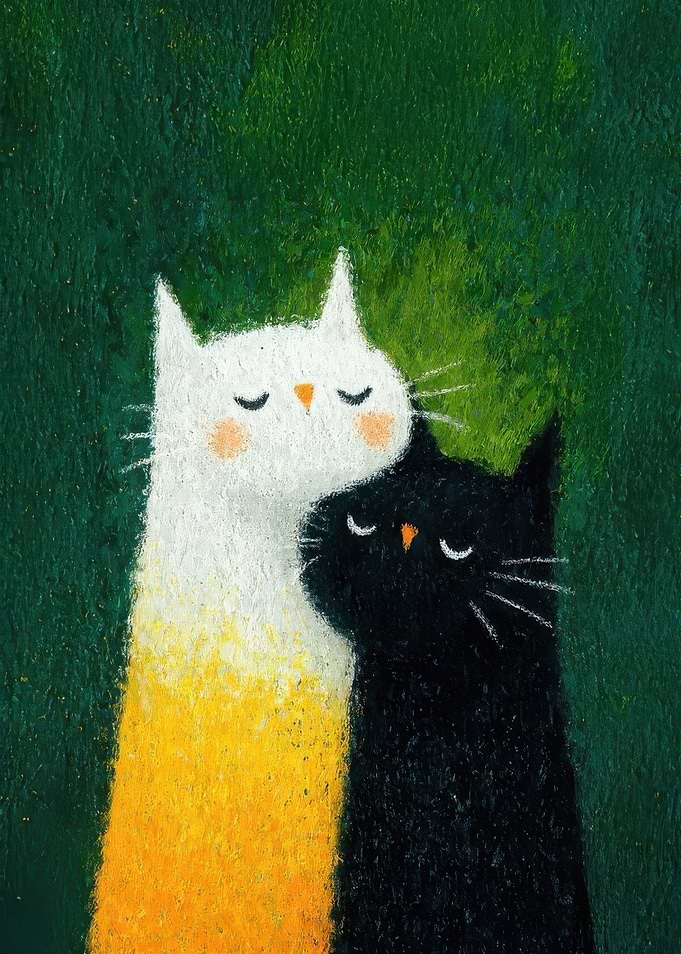 Two Cats Embracing Art Illustration