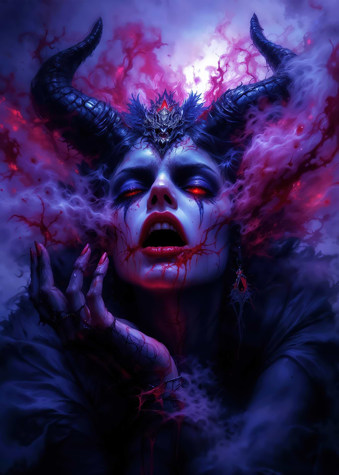 Horned Demon Woman with Red Eyes