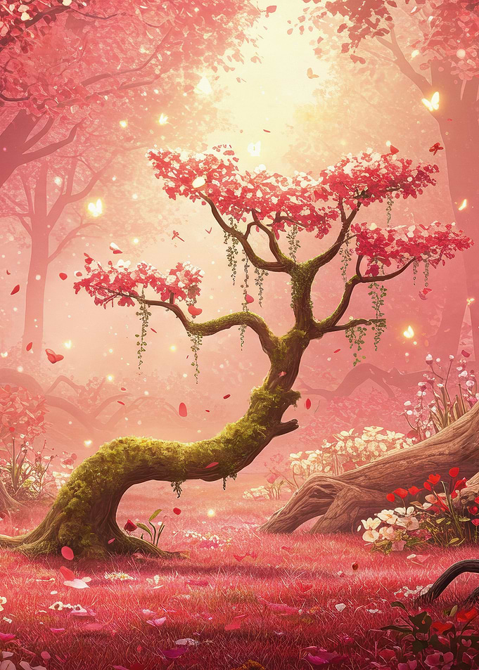 Pink Blossom Tree in Dreamy Forest