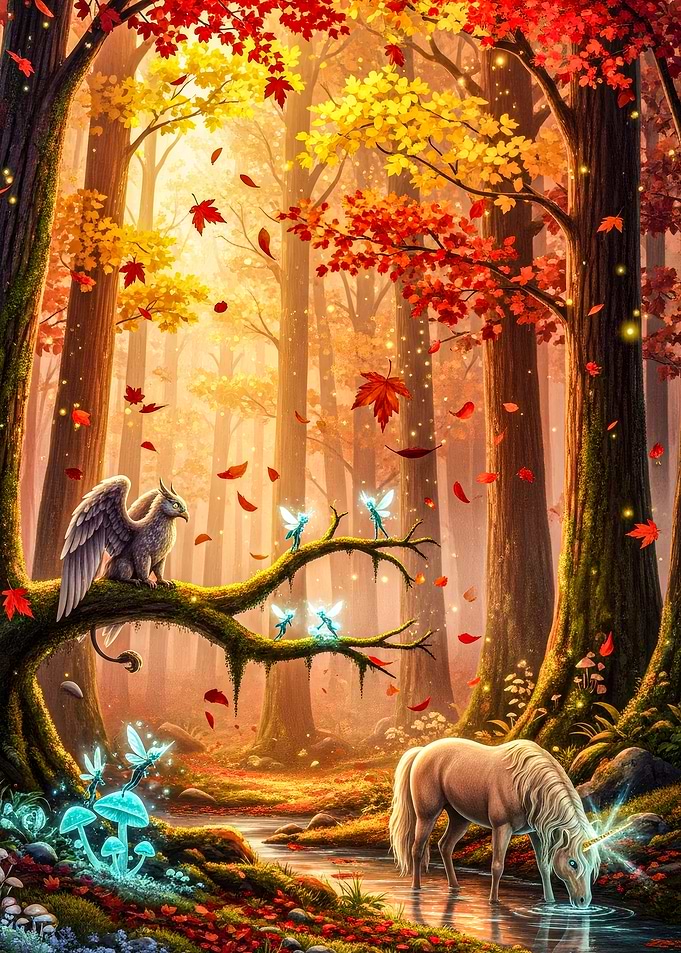 Autumn Forest with Unicorn and Griffin