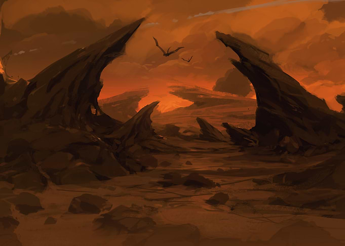 Fantasy Landscape with Dragons and Rocks