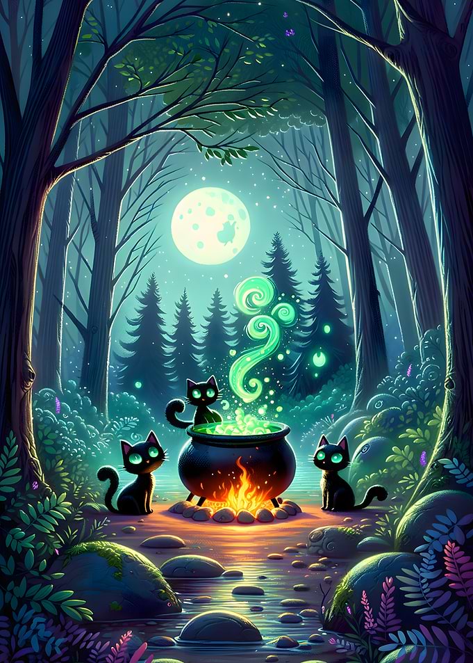 Cats Brewing Potion in Forest