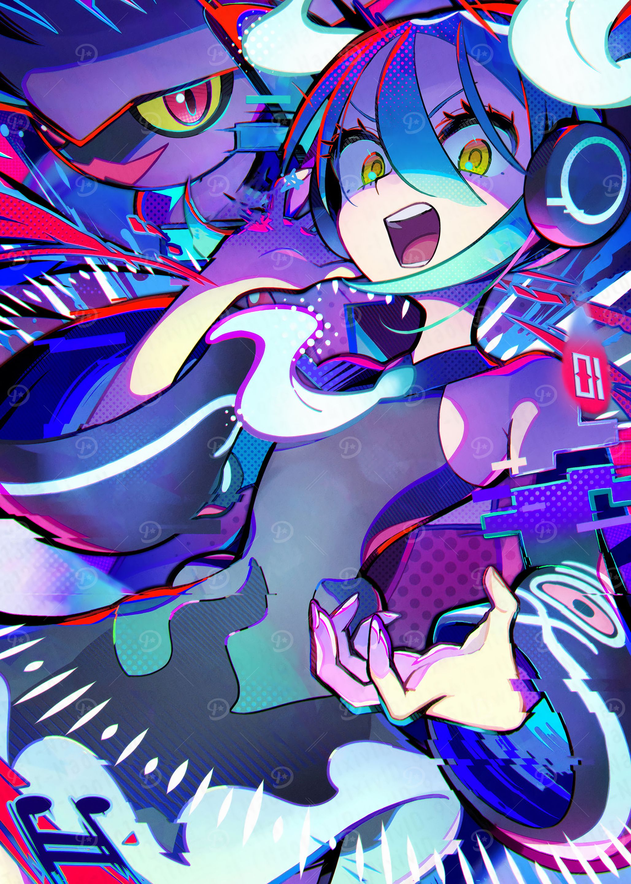 Colorful Anime Girl with Monster