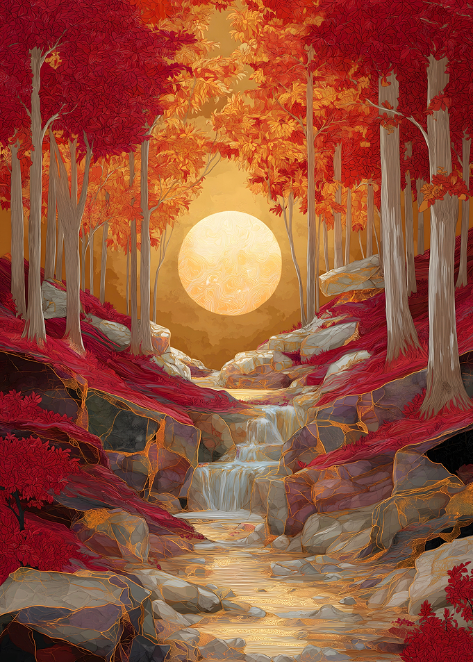 Autumn Forest Waterfall Gold Moon Kintsugi