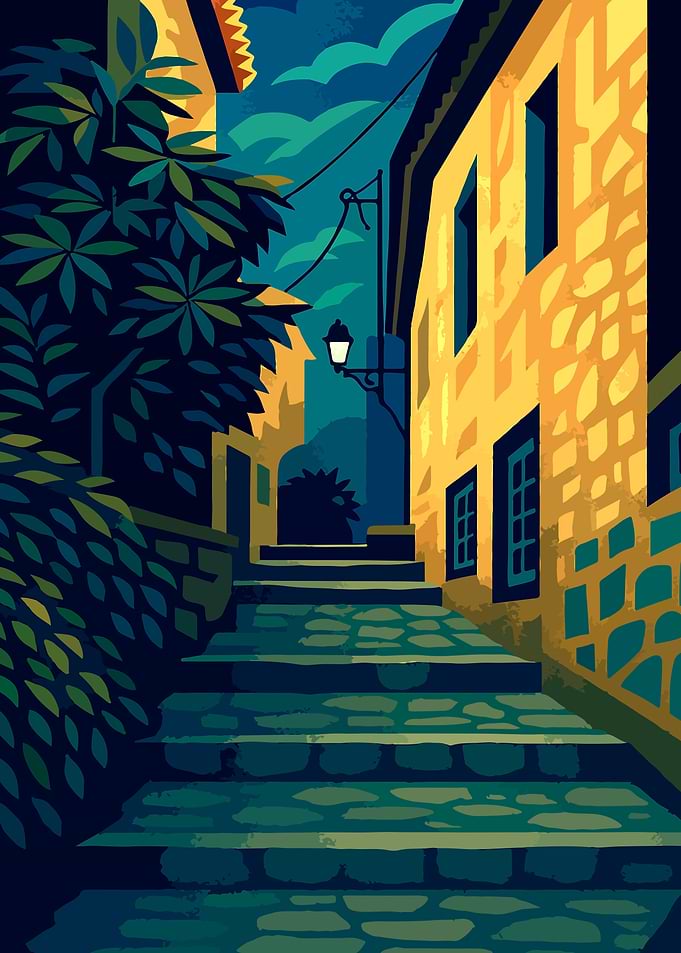 Tossa de Mar, Spain – Stylized Mediterranean Alleyway Art deco Print | Vintage style