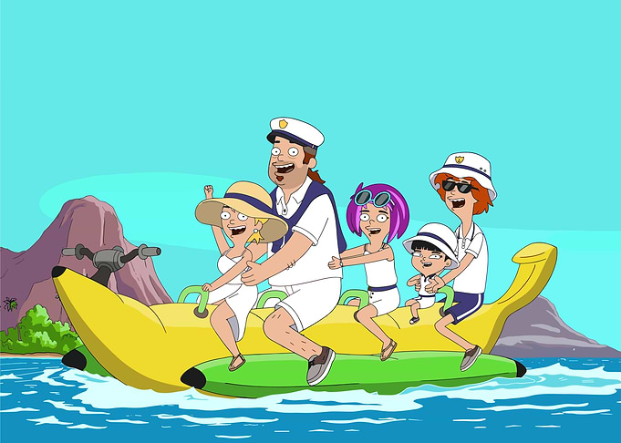 Cartoon family on banana boat ride