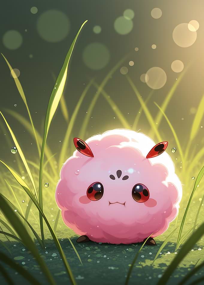 Cute Pink Fluffy Creature in Grass