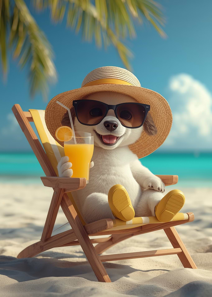 Dog on Beach with Drink