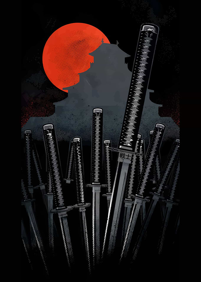 Samurai Swords with Red Moon