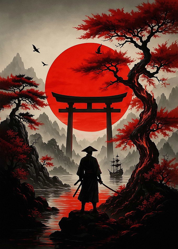 Samurai Landscape with Torii Gate and Sun