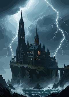 Dark Castle Under Lightning Storm