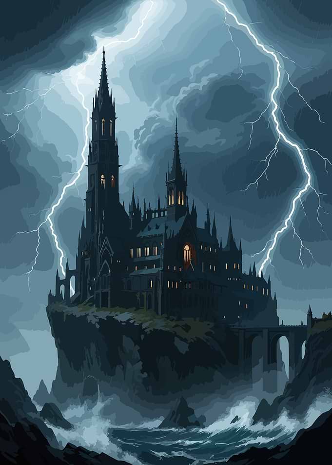 Dark Castle Under Lightning Storm
