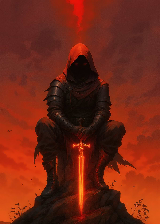 Hooded Warrior with Glowing Sword