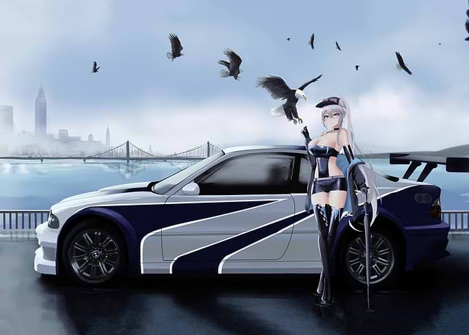 Anime Girl with Car and Eagles
