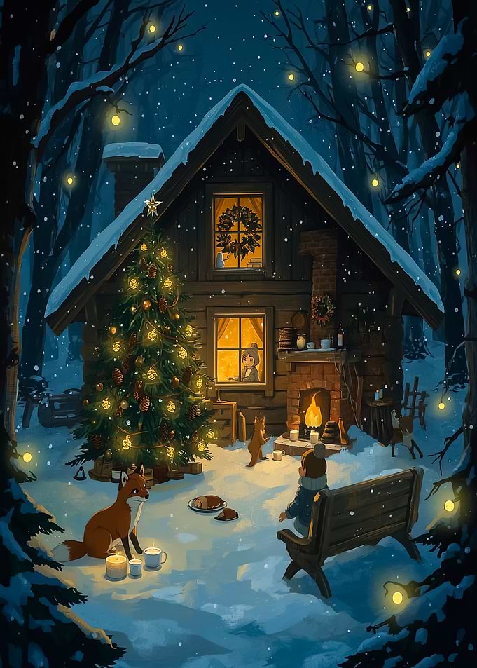 Winter Cabin Christmas Eve Scene