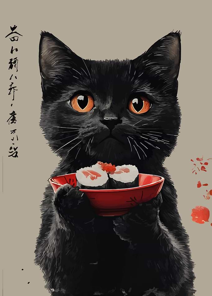 Black Cat Holding Sushi Plate