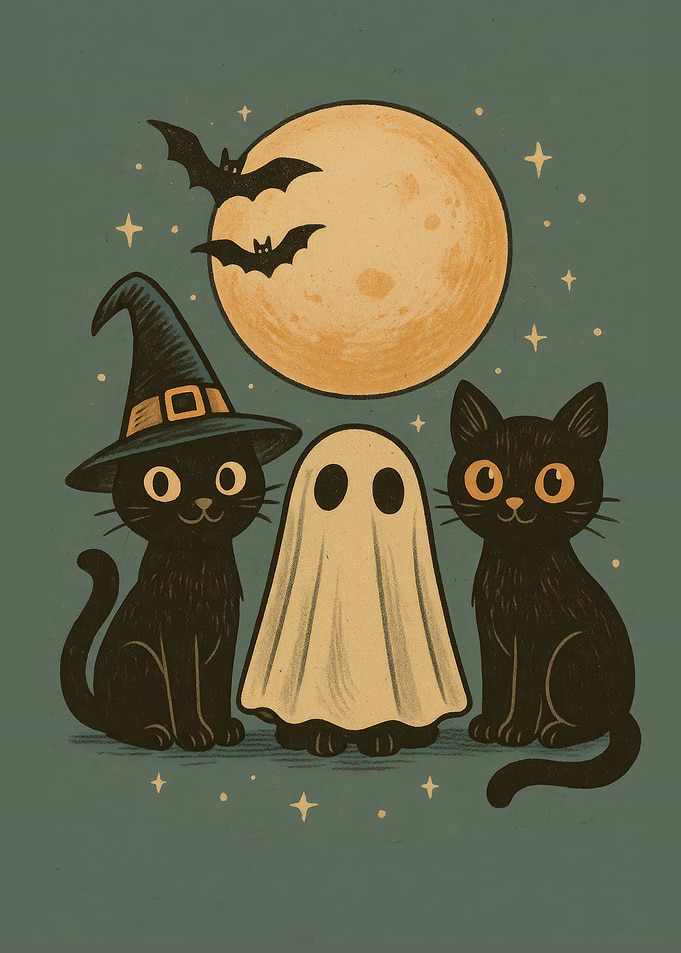 Halloween Cats and Ghost Illustration