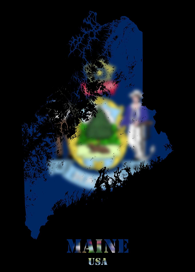 Maine USA Topographic Contour Relief Map blending terrain features into its emblematic colorful flag