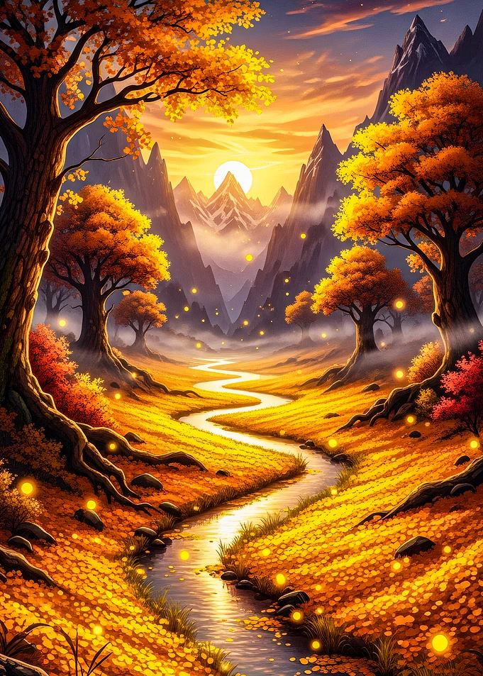 Golden Autumn Landscape with Winding River