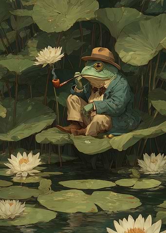 Dapper Frog Smoking Pipe in Lily Pond