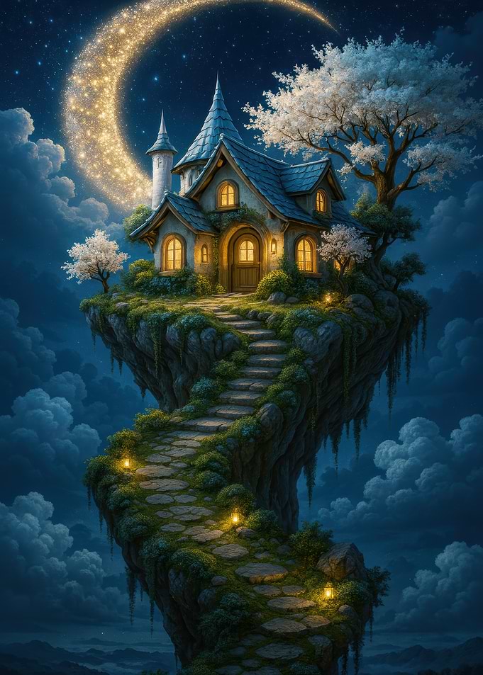 Fantasy House on Floating Island at Night