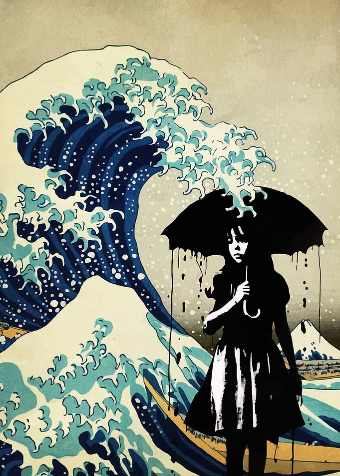 Girl with Umbrella and Great Wave