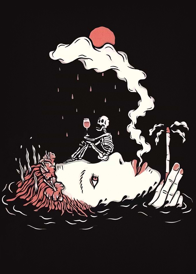 Surreal Dreamscape with Skeleton and Woman