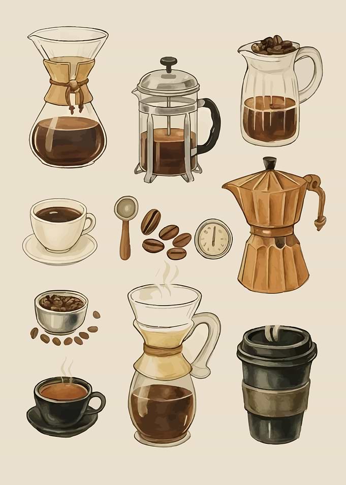 Coffee Brewing Methods Watercolor Illustration
