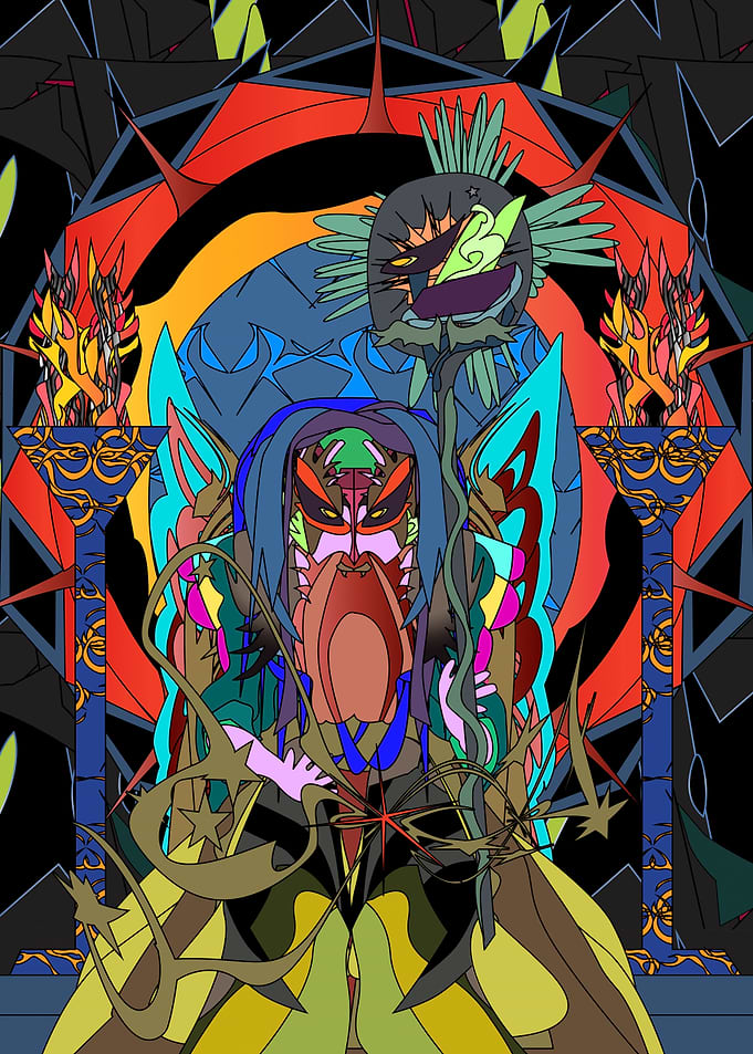 Abstract Figure with Flames and Stars
