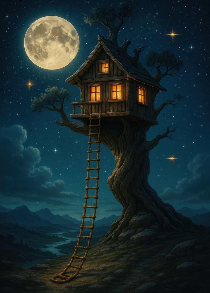 Whimsical Treehouse Under a Full Moon