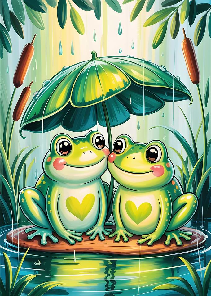 Two Kawaii Frogs Under Umbrella in Rain Carton animal