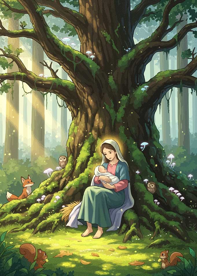 Mary and Baby Jesus in Forest