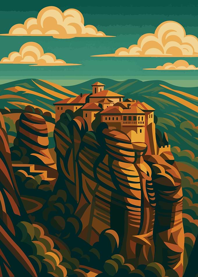 Meteora Monastery Landscape Illustration