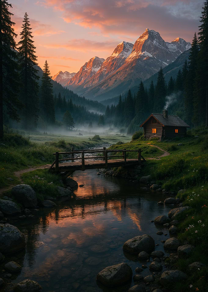 Mountain Cabin at Sunset