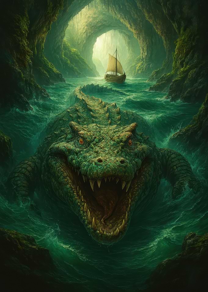 Giant Crocodile in Cave with Boat