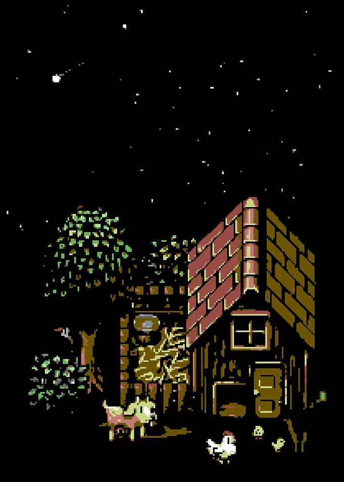 Pixel Art Night Scene with Cabin