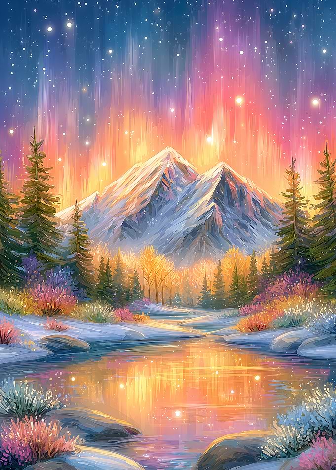 Winter Mountain Landscape with Aurora Borealis
