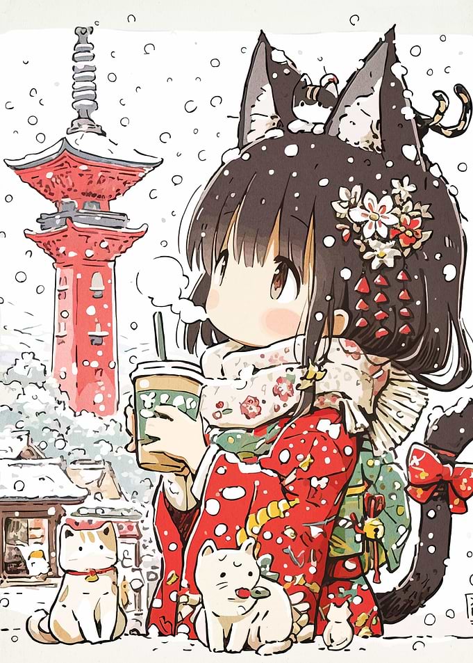 Anime Girl with Cats in Winter