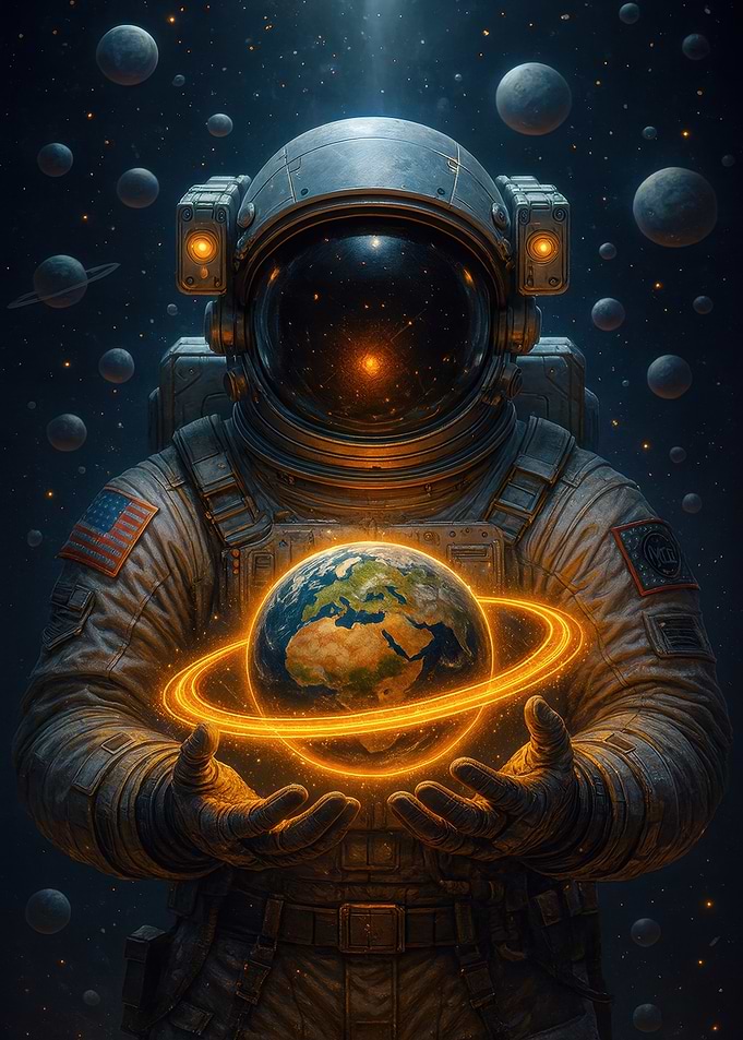 Astronaut Holding Earth with Ring